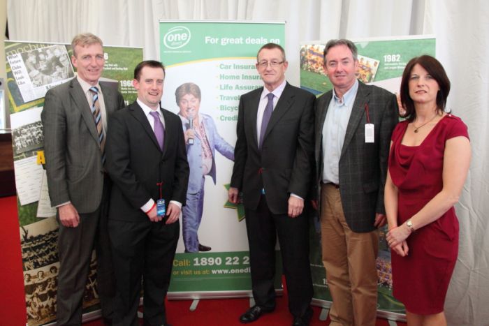 (l-r)Tom Murphy - Kilmacud Crokes GAA Club Chairman, Peter Walsh – Kilmacud Crokes Hurling Chairman,  Tom Rock - Kilmacud Crokes, David Egan – Managing Director One Direct, Rose McManus Marketing Manager One Direct