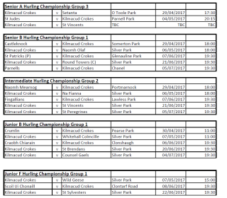 2017 Hurling Championship - Adult Teams Schedule