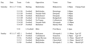Fixtures Beginning Saturday Movember 4th