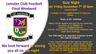 Leinster Club Football Final Weekend Table Quiz Fundraiser - December 7th 8pm in Function Room