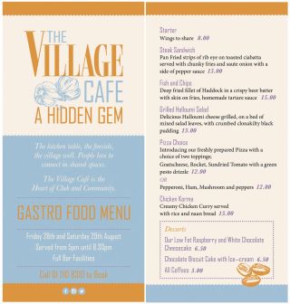 Village Cafe  Gastro Pub Menu Friday / Saturday Evenings - Full Bar  5pm to 8:30pm