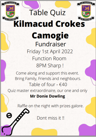 Camogie Section Table Quiz Fundraiser Friday April 1st 8pm