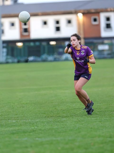 Kilmacud no 10 handpasses the ball away